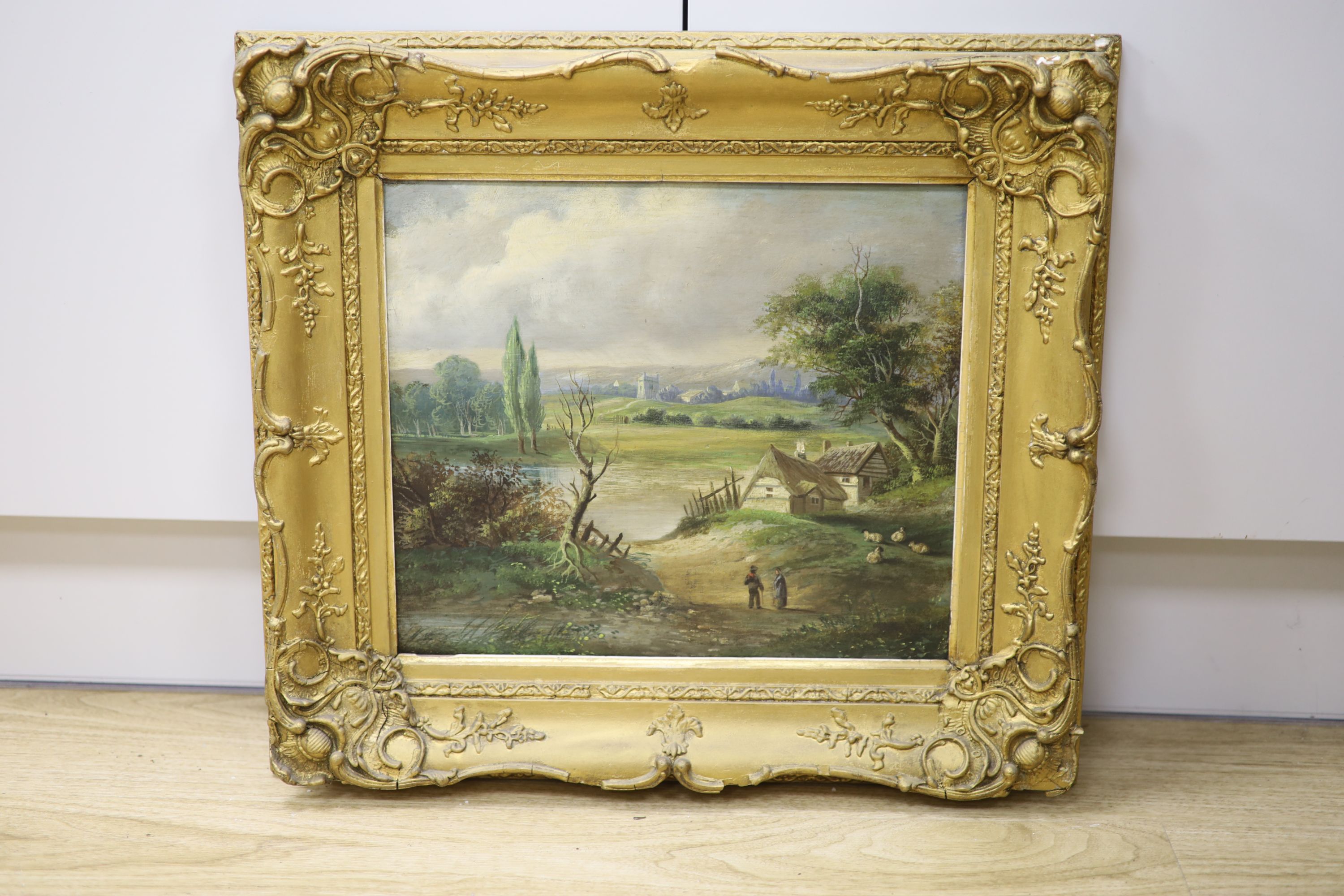 19th century English School, oil on board, Figures in a landscape, 30 x 34cm